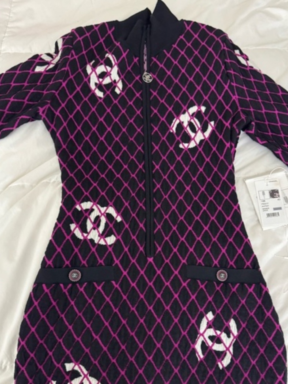 CHANEL Black & Pink Quilted Logo Zip-Front Dress Coat